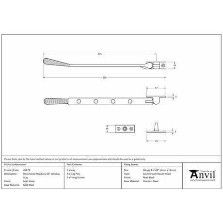 From The Anvil Window Furniture Matt Black / 10"/250mm From The Anvil - Matt Black 10" Hammered Newbury Stay