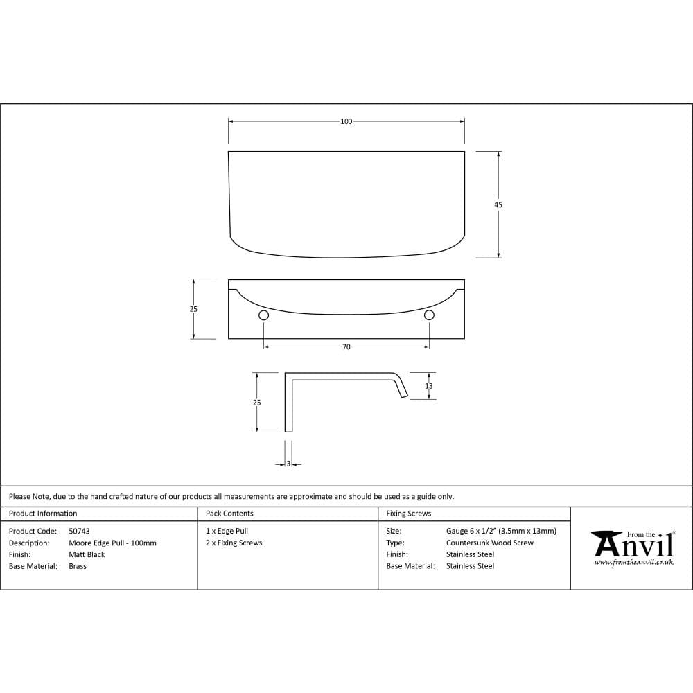 From The Anvil Cabinet Hardware Matt Black / Edge Pull / 100mm From The Anvil - Matt Black 100mm Moore Edge Pull