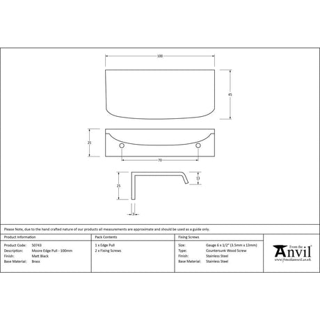 From The Anvil Cabinet Hardware Matt Black / Edge Pull / 100mm From The Anvil - Matt Black 100mm Moore Edge Pull