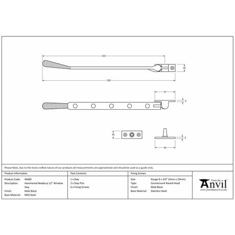 From The Anvil Window Furniture Matt Black / 12"/300mm From The Anvil - Matt Black 12" Hammered Newbury Stay