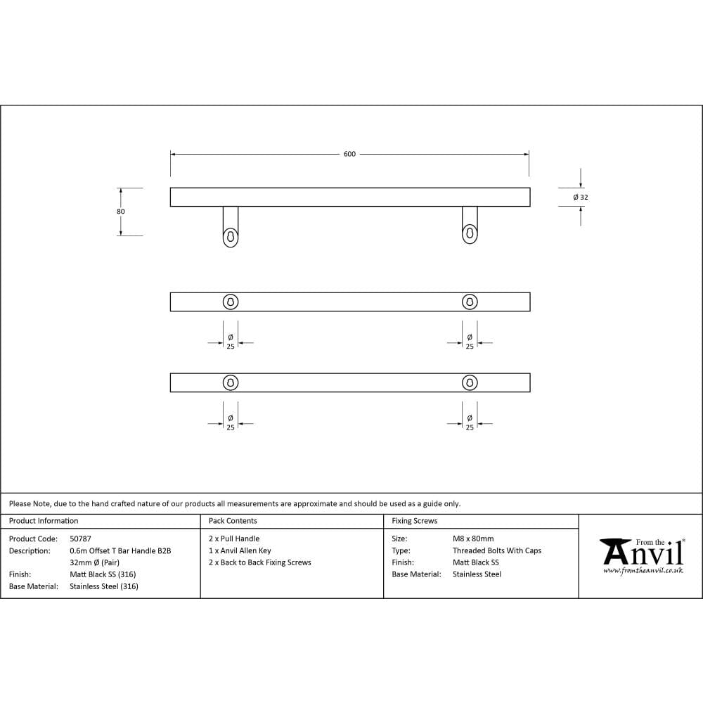 From The Anvil Door Furniture Matt Black / Back to Back Fixing Pack From The Anvil - Matt Black (316) 0.6m Offset T Bar Handle B2B 32mm