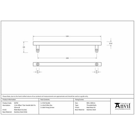 From The Anvil Door Furniture Matt Black / Pull Handles (Bolt Through) From The Anvil - Matt Black (316) 1.2m Offset T Bar Handle Bolt Fix 32mm
