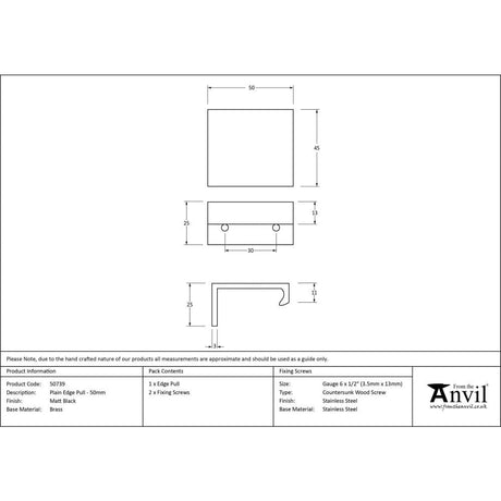 From The Anvil Cabinet Hardware Matt Black / Edge Pull / 50mm From The Anvil - Matt Black 50mm Plain Edge Pull
