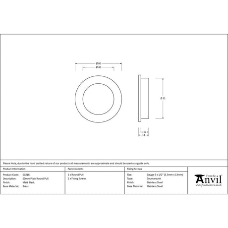 From The Anvil Door Furniture Matt Black / Flush Handle / Round From The Anvil - Matt Black 60mm Plain Round Pull
