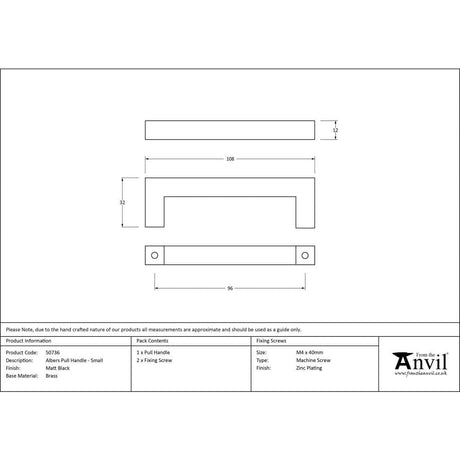 From The Anvil Cabinet Hardware Matt Black / Cabinet Pull Handles / Small From The Anvil - Matt Black Albers Pull Handle - Small