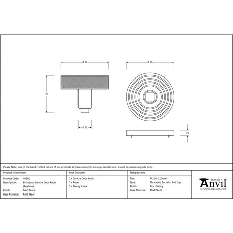 From The Anvil Door Furniture Matt Black / Beehive Centre Door Knob From The Anvil - Matt Black Brompton Centre Door Knob (Beehive)