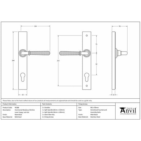 From The Anvil Door Furniture Matt Black / Multi Point Lock Set / 92mm c/c From The Anvil - Matt Black Hammered Newbury Slimline Espag. Lock Set