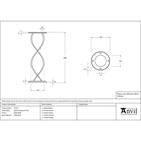 From The Anvil Home & Garden Matt Black / Companion Sets From The Anvil - Matt Black Spiral Companion Set - Hinton Tools