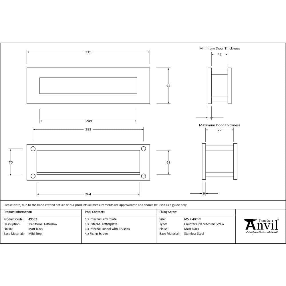From The Anvil Door Furniture Matt Black / Sleeved Letterbox / 315 x 92mm From The Anvil - Matt Black Traditional Letterbox