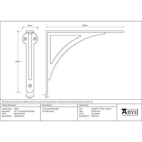 From The Anvil Accessories Natural Smooth / Shelf Brackets / 10 x 7" From The Anvil - Natural Smooth 10'' x 7'' Curved Shelf Bracket