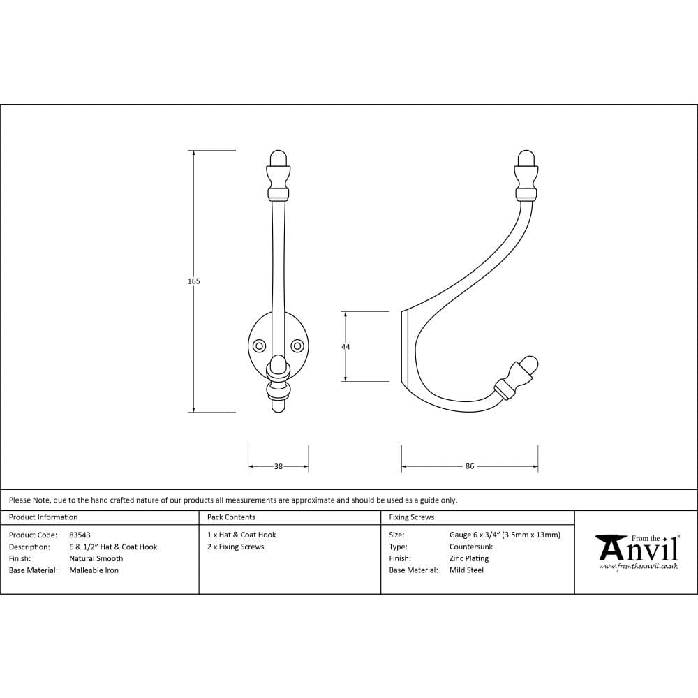 From The Anvil Accessories Natural Smooth / Hat & Coat Hooks From The Anvil - Natural Smooth 6 1/2" Hat & Coat Hook
