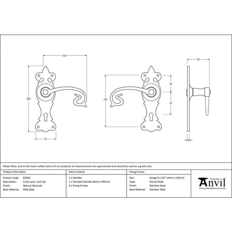 From The Anvil Door Furniture Natural Textured / Std. Lock Handles From The Anvil - Natural Textured Curly Lever Lock Set