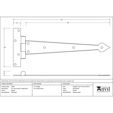From The Anvil Hinges Pewter Patina / Tee Hinges / 12" (304mm) From The Anvil - Pewter 12" Arrow Head T Hinge (pair)