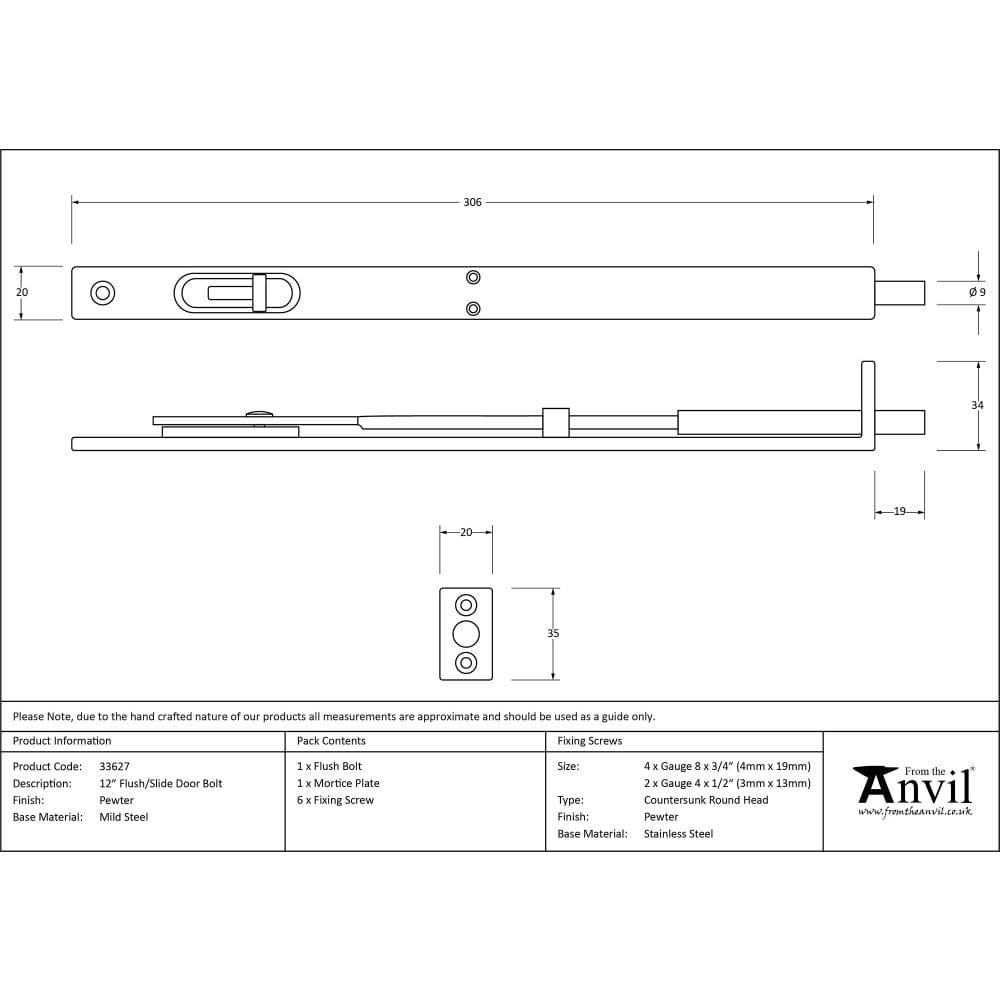 From The Anvil Accessories Pewter Patina / Flush Bolts / 300mm / 12" From The Anvil - Pewter 12'' Flush/Slide Door Bolt