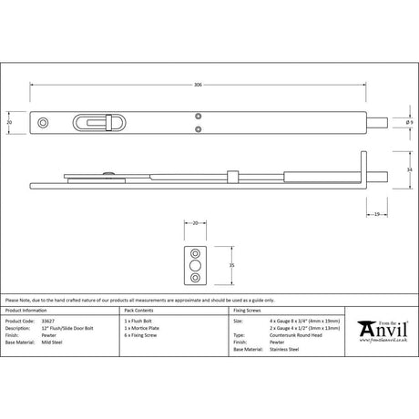 From The Anvil Accessories Pewter Patina / Flush Bolts / 300mm / 12" From The Anvil - Pewter 12'' Flush/Slide Door Bolt