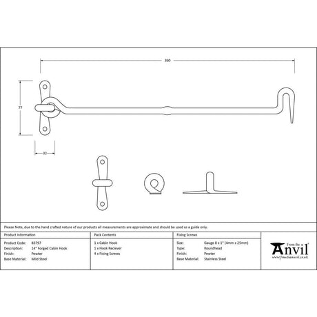 From The Anvil Accessories Pewter Patina / Cabin Hooks / 14" / 355mm From The Anvil - Pewter 14" Forged Cabin Hook
