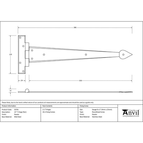 From The Anvil Hinges Pewter Patina / Tee Hinges / 15" (381mm) From The Anvil - Pewter 15" Arrow Head T Hinge (pair)