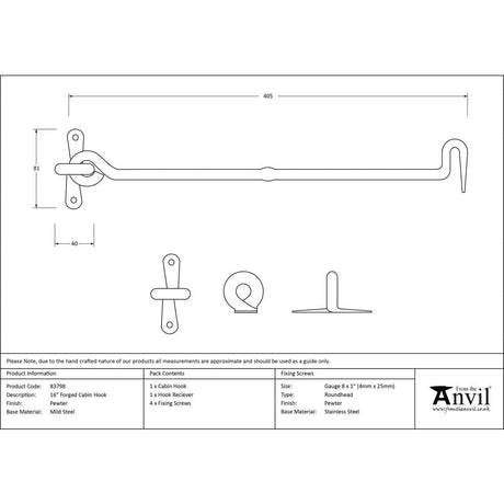 From The Anvil Accessories Pewter Patina / Cabin Hooks / 16" / 406mm From The Anvil - Pewter 16" Forged Cabin Hook