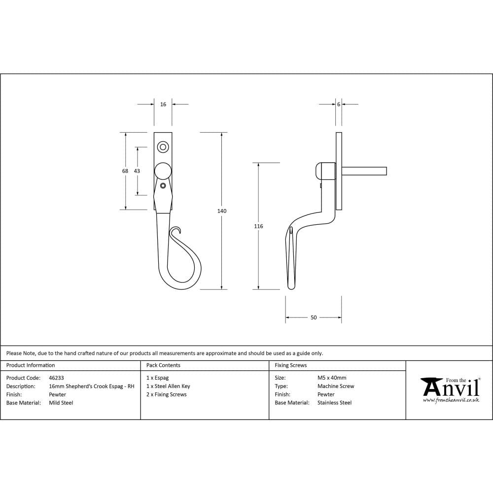 From The Anvil Window Furniture Pewter Patina / Right Hand / Yes From The Anvil - Pewter 16mm Shepherd's Crook Espag - RH