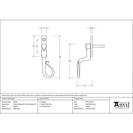 From The Anvil Window Furniture Pewter Patina / Right Hand / Yes From The Anvil - Pewter 16mm Shepherd's Crook Espag - RH