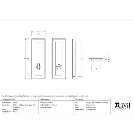 From The Anvil Door Furniture Pewter Patina / Rectangular Flush Pull (Privacy) / Rectangular From The Anvil - Pewter 175mm Art Deco Rectangular Pull - Privacy Set