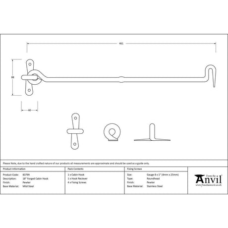 From The Anvil Accessories Pewter Patina / Cabin Hooks / 18" / 457mm From The Anvil - Pewter 18" Forged Cabin Hook
