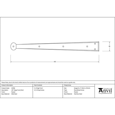 From The Anvil Hinges Pewter Patina / Hinge Fronts / 18" (457mm) From The Anvil - Pewter 18" Penny End Hinge Front (pair)