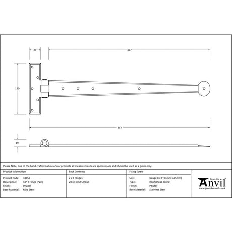 From The Anvil Hinges Pewter Patina / Tee Hinges / 18" (457mm) From The Anvil - Pewter 18" Penny End T Hinge (pair)