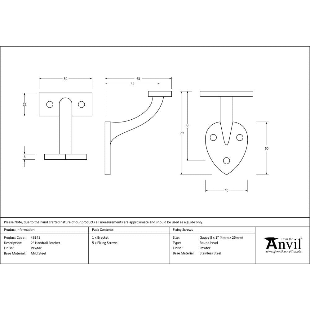 From The Anvil Accessories Pewter Patina / 2" / 50mm From The Anvil - Pewter 2" Handrail Bracket