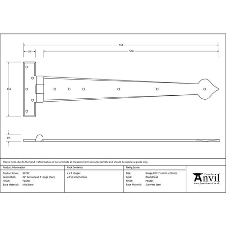 From The Anvil Hinges Pewter Patina / Tee Hinges / 22" (559mm) From The Anvil - Pewter 22" Arrow Head T Hinge (pair)