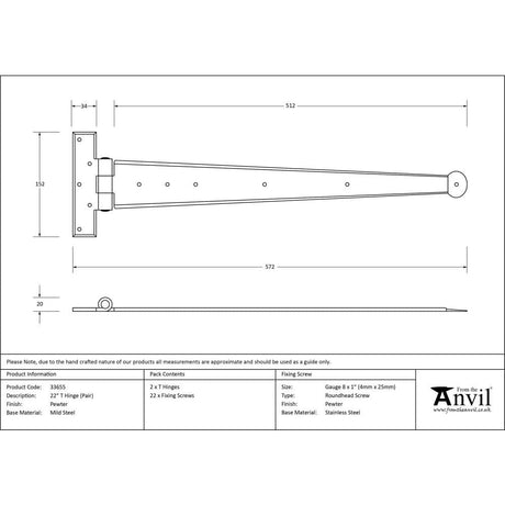 From The Anvil Hinges Pewter Patina / Tee Hinges / 22" (559mm) From The Anvil - Pewter 22" Penny End T Hinge (pair)