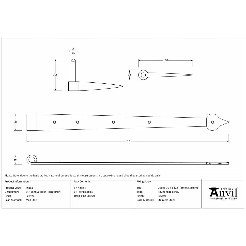 From The Anvil Hinges Pewter Patina / Hook & Band Hinges / 4" x (102mm) From The Anvil - Pewter 24" Band & Spike Hinge (Pair)