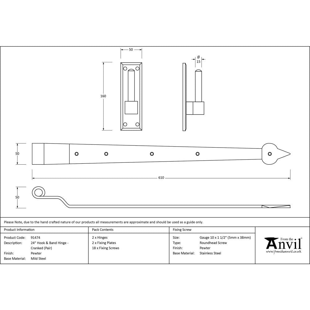 From The Anvil Hinges Pewter Patina / Hook & Band Hinges / 4" x (102mm) From The Anvil - Pewter 24" Hook & Band Hinge - Cranked (pair)