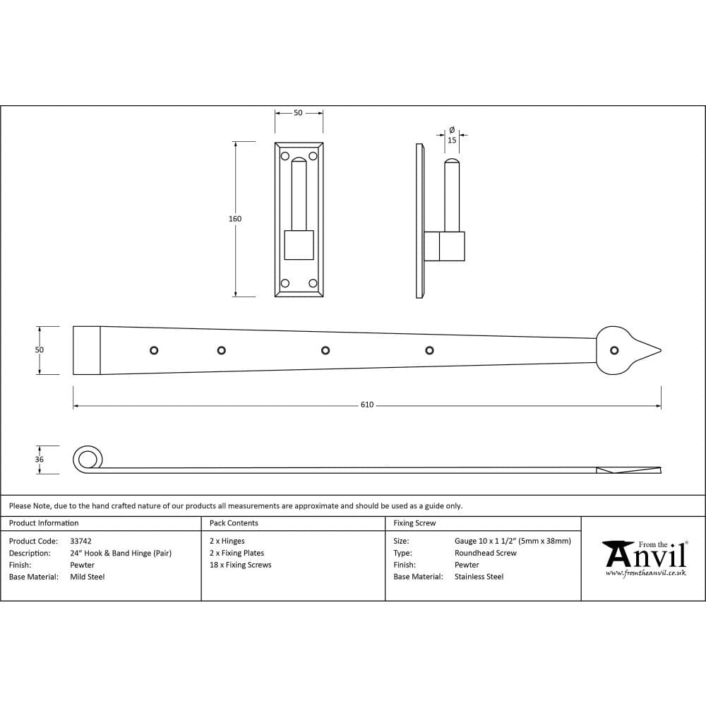 From The Anvil Hinges Pewter Patina / Hook & Band Hinges / 4" x (102mm) From The Anvil - Pewter 24" Hook & Band Hinge (pair)