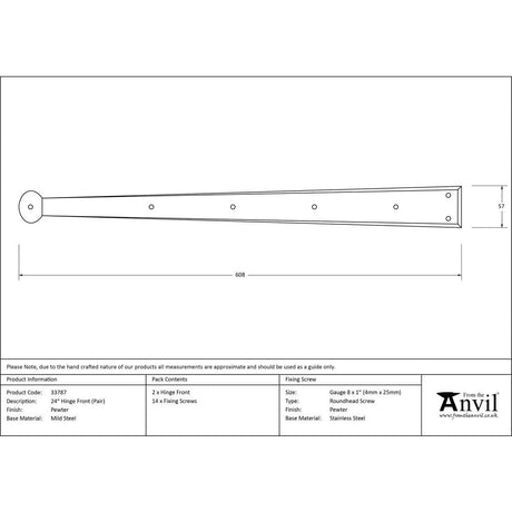 From The Anvil Hinges Pewter Patina / Hinge Fronts / 4" x (102mm) From The Anvil - Pewter 24" Penny End Hinge Front (pair)
