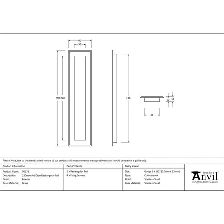 From The Anvil Door Furniture Pewter Patina / Flush Handle / Rectangular From The Anvil - Pewter 250mm Art Deco Rectangular Pull