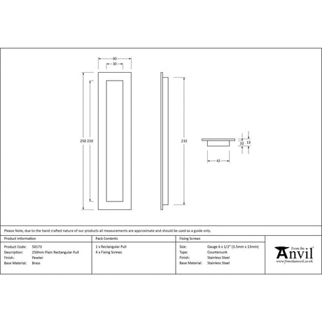 From The Anvil Door Furniture Pewter Patina / Flush Handle / Rectangular From The Anvil - Pewter 250mm Plain Rectangular Pull