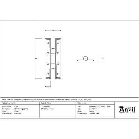 From The Anvil Hinges Pewter Patina / H & HL Hinges / 4" x (102mm) From The Anvil - Pewter 3 ¼" H Hinge (pair)