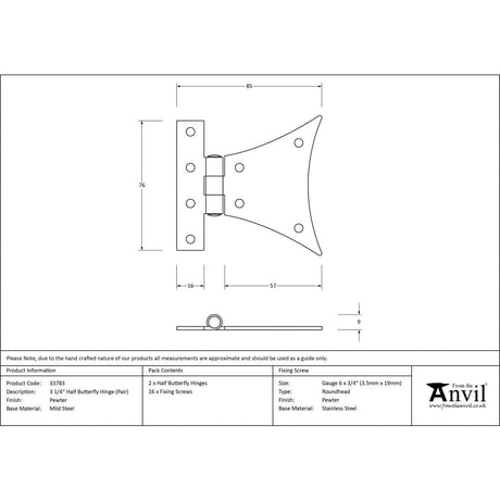 From The Anvil Hinges Pewter Patina / Butterfly Hinges / 4" x (102mm) From The Anvil - Pewter 3 ¼" Half Butterfly Hinge (pair)