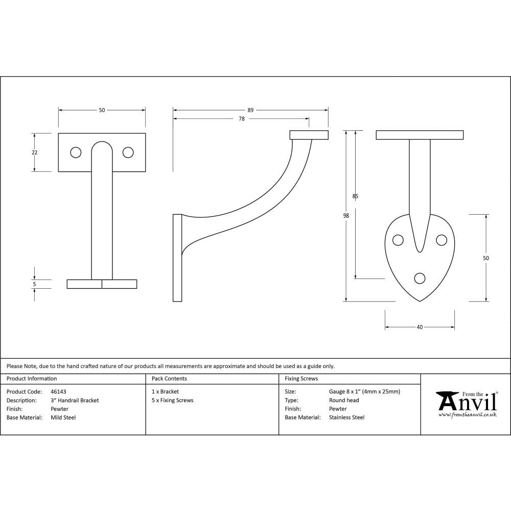 From The Anvil Accessories Pewter Patina / 3" / 76mm From The Anvil - Pewter 3" Handrail Bracket