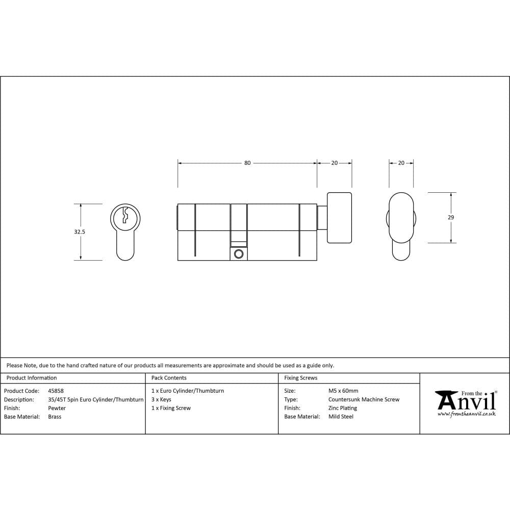 From The Anvil Locks & Latches Pewter Patina / Euro Cylinder & Turn / 35 x 45mm From The Anvil - Pewter 35/45T 5pin Euro Cylinder/Thumbturn