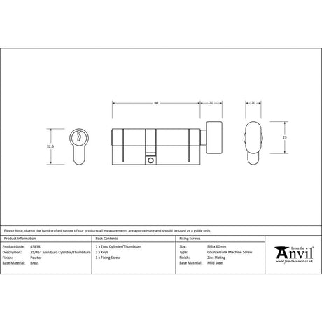 From The Anvil Locks & Latches Pewter Patina / Euro Cylinder & Turn / 35 x 45mm From The Anvil - Pewter 35/45T 5pin Euro Cylinder/Thumbturn