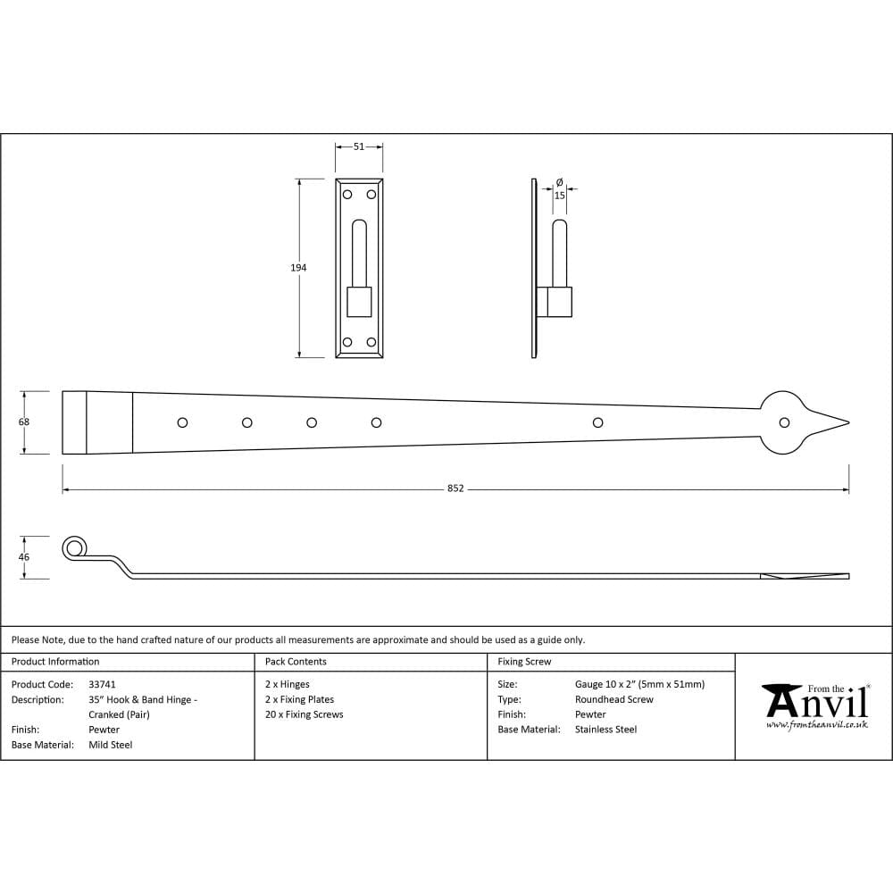 From The Anvil Hinges Pewter Patina / Hook & Band Hinges / 35" (889mm) From The Anvil - Pewter 35" Hook & Band Hinge - Cranked (pair)