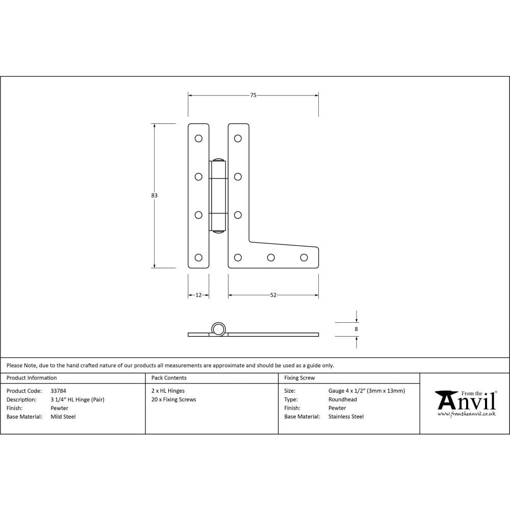From The Anvil Hinges Pewter Patina / H & HL Hinges / 3" (76mm) From The Anvil - Pewter 3ÃƒÆ’Ã¢â‚¬Å¡Ãƒâ€šÃ‚Â¼" HL Hinge (pair)