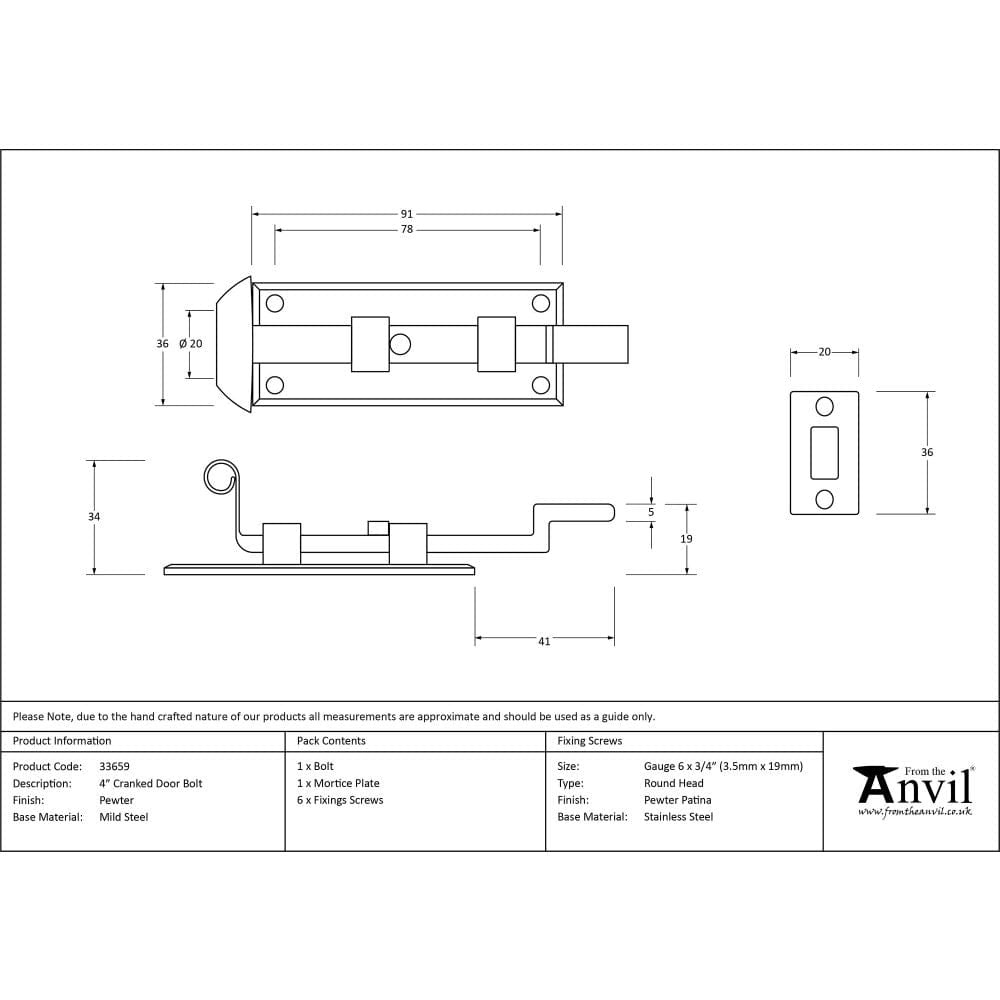 From The Anvil Accessories Pewter Patina / Cranked Surface Bolts / 100mm / 4" From The Anvil - Pewter 4" Cranked Door Bolt