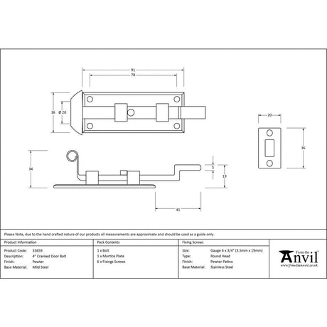 From The Anvil Accessories Pewter Patina / Cranked Surface Bolts / 100mm / 4" From The Anvil - Pewter 4" Cranked Door Bolt