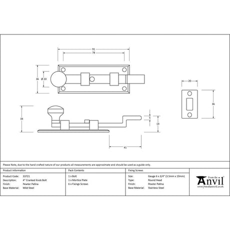 From The Anvil Accessories Pewter Patina / Cranked Surface Bolts / 100mm / 4" From The Anvil - Pewter 4" Cranked Knob Bolt