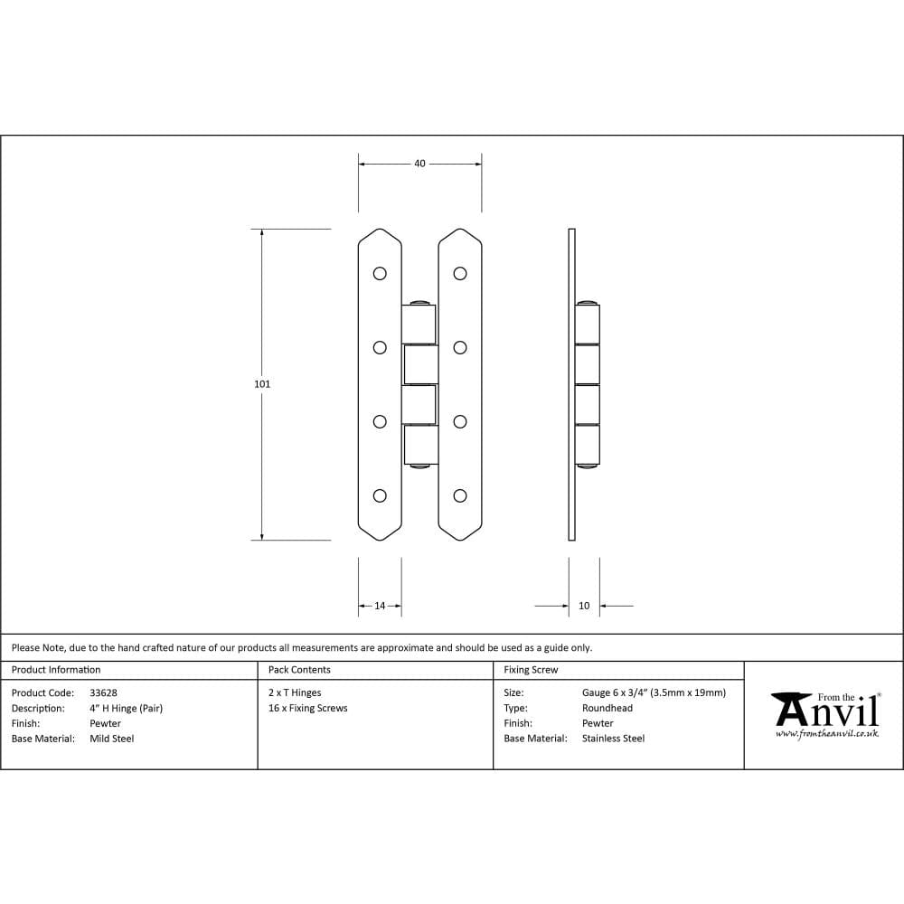 From The Anvil Hinges Pewter Patina / H & HL Hinges / 4" x (102mm) From The Anvil - Pewter 4" H Hinge (pair)