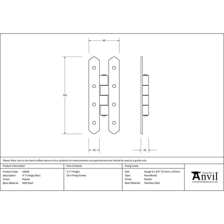 From The Anvil Hinges Pewter Patina / H & HL Hinges / 4" x (102mm) From The Anvil - Pewter 4" H Hinge (pair)