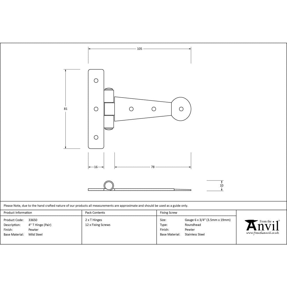 From The Anvil Hinges Pewter Patina / Tee Hinges / 4" x (102mm) From The Anvil - Pewter 4" Penny End T Hinge (pair)